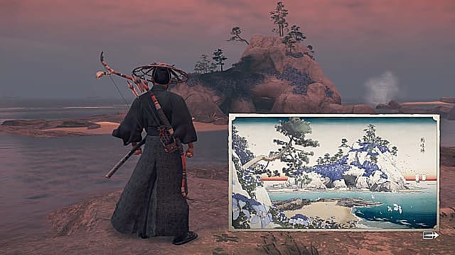 Jin standing on a rock looking at an island with a Japanese art piece of the island superimposed.