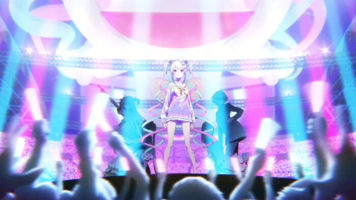 Personaje de anime en escenario iluminado con luces y público animado