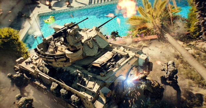 Tanque en combate en el nuevo mapa de Battlefield 6 con soldados alrededor