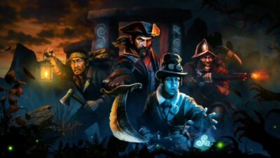 Cuatro personajes en un entorno oscuro con armas y una linterna