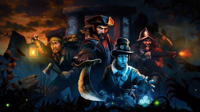 Cuatro personajes en un entorno oscuro con armas y una linterna