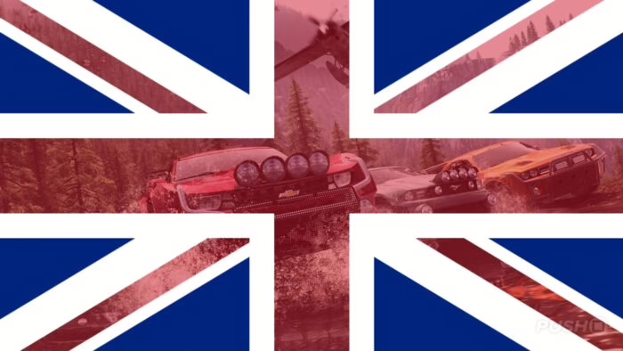 Bandera del Reino Unido sobre imagen de coches en un videojuego