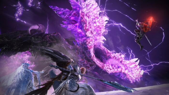 Personajes de Elden Ring luchan contra un dragón púrpura en una batalla épica