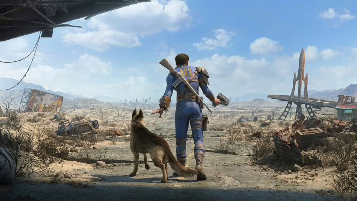 Personaje de Fallout 4 con perro en un paisaje postapocalíptico