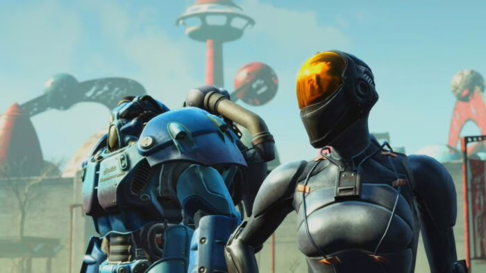 Personajes con armadura y traje futurista en Fallout 4 bajo un cielo azul
