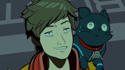 Personaje de Hi-Fi Rush con un gato animado en el hombro