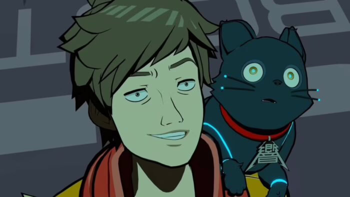 Personaje de Hi-Fi Rush con un gato animado en el hombro