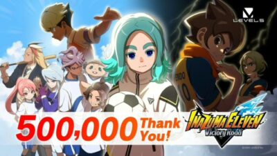 Personajes de Inazuma Eleven Victory Road celebrando 500,000 ventas