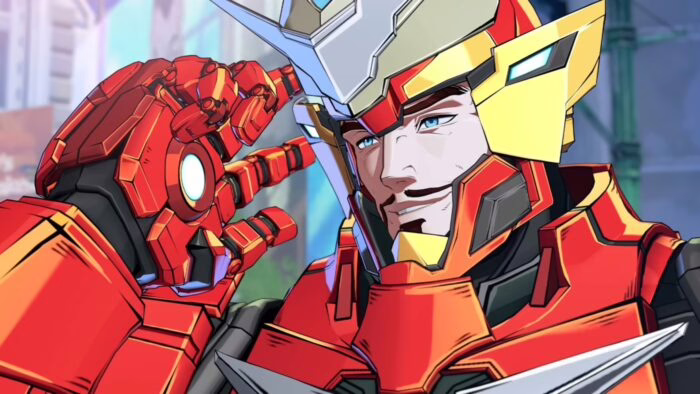 Personaje de estilo anime con armadura roja y dorada en Marvel Tokon