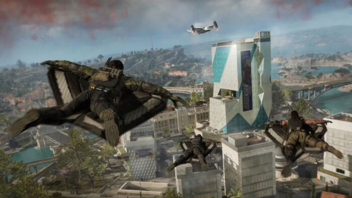 Jugadores en trajes de vuelo sobre una ciudad en Call of Duty Black Ops 7