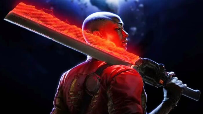 Personaje futurista sosteniendo una espada luminosa roja en un entorno oscuro