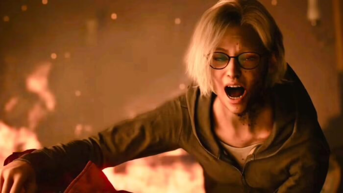 Personaje con gafas gritando en un entorno en llamas