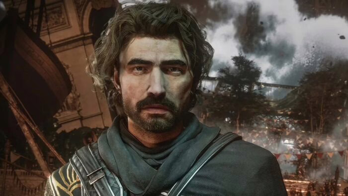 Personaje principal del videojuego Clair Obscur con fondo oscuro