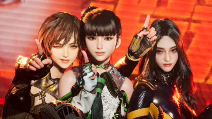 Tres personajes femeninos del juego Stellar Blade posando juntos