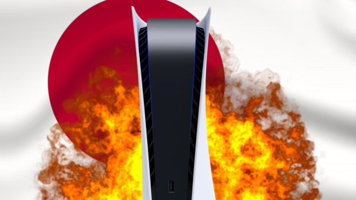 Consola PS5 frente a bandera de Japón con fondo de llamas