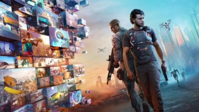 Dos personajes de videojuego con fondo de ciudad futurista y bloques flotantes