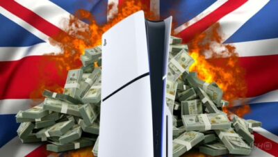 PS5 frente a billetes de dinero con bandera del Reino Unido de fondo