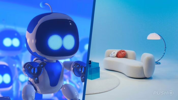 Robot azul con luces brillantes junto a un salón moderno con sofá blanco