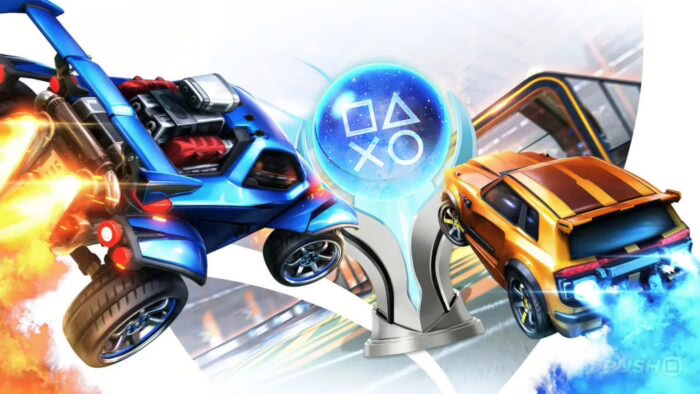 Dos coches de Rocket League compitiendo junto a un trofeo platino