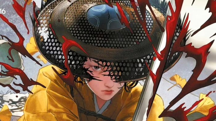 Ilustración de un samurái con sombrero y espada en Ghost of Yotei