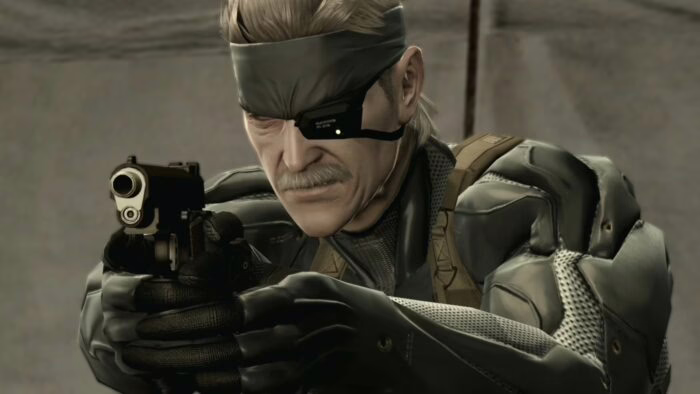 Solid Snake apuntando con una pistola en Metal Gear Solid 4