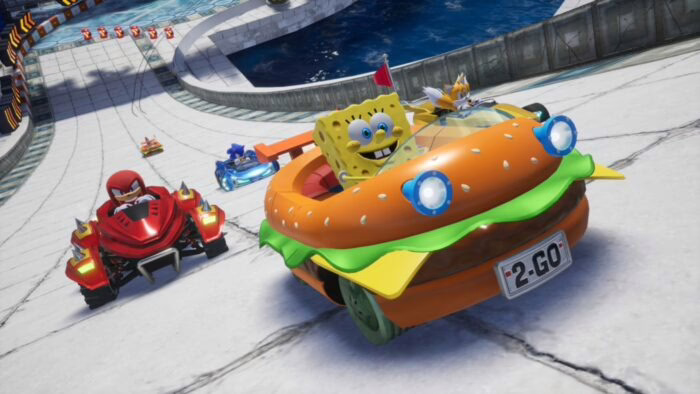 SpongeBob conduciendo el Patty Wagon en una carrera de Sonic Racing