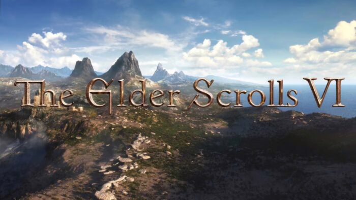 Paisaje montañoso con logo de The Elder Scrolls VI al frente