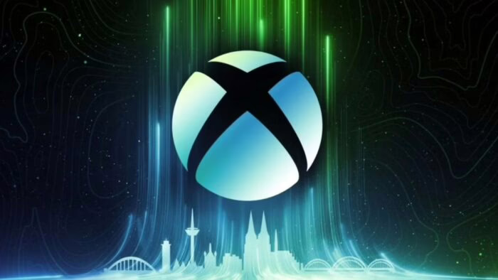 Logotipo de Xbox sobre fondo verde con luces verticales