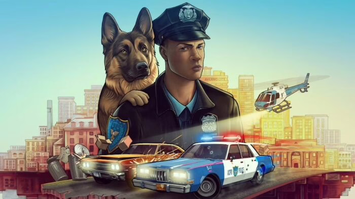 Policía con perro K-9 y coche patrulla en ciudad de videojuego