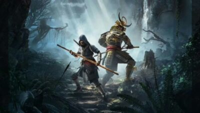 Dos personajes en combate en un bosque, uno con armadura samurái