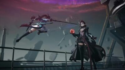 Dos personajes en combate en un entorno futurista con cielo púrpura