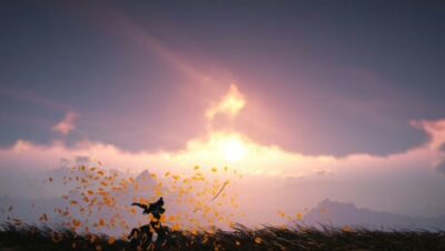 Escena de atardecer en Where Winds Meet con hojas volando