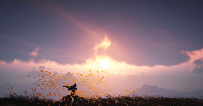 Escena de atardecer en Where Winds Meet con hojas volando