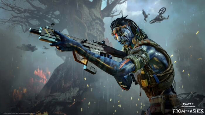 Personaje Na'Vi armado en Avatar: Frontiers of Pandora bajo la lluvia