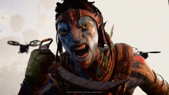 Personaje Na'Vi So'Lek gritando con drones al fondo en Avatar PS5