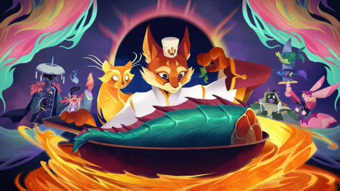 Personaje animal cocinando con ingredientes en un entorno colorido y fantástico