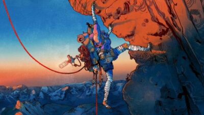 Ilustración de escaladora en montaña al amanecer con equipo completo