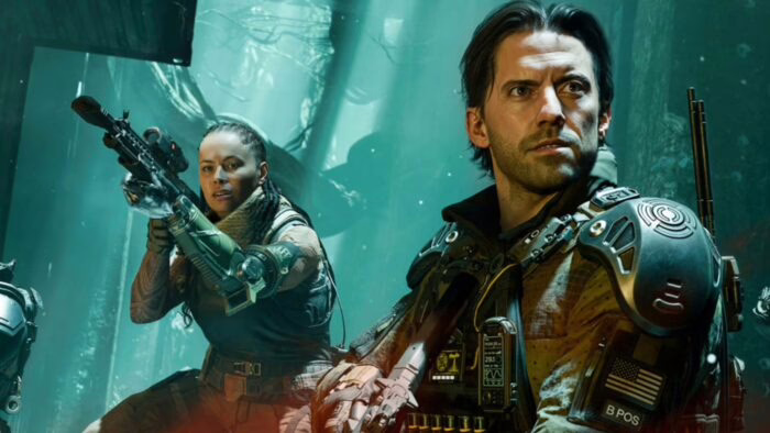 Dos personajes armados en un bosque, escena de videojuego