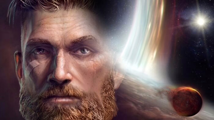 Retrato de un hombre con barba sobre un fondo espacial con planetas.
