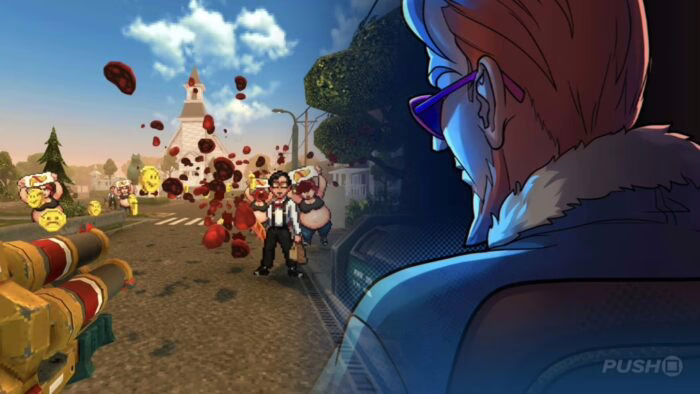 Personaje observa escena de videojuego con elementos explosivos y personajes en movimiento