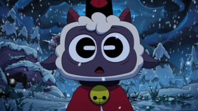 Personaje de Cult of the Lamb en un paisaje nevado