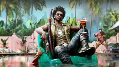 Personaje de Dead Island 3 relajado en una piscina con un cóctel