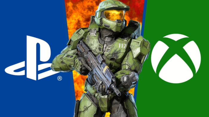 Master Chief de Halo entre logos de PlayStation y Xbox