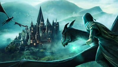 Personaje volando en dragón hacia el castillo de Hogwarts con varita mágica