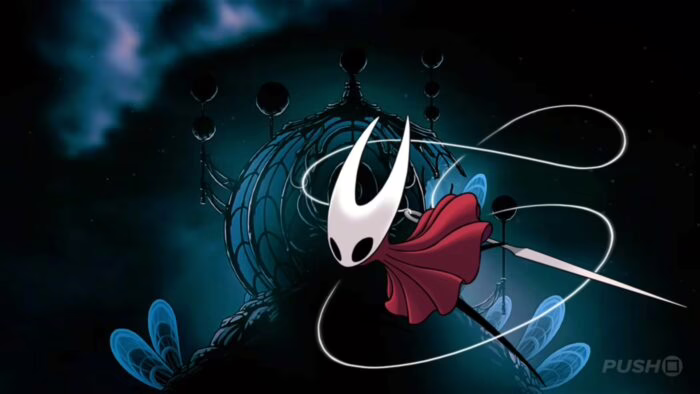 Hornet de Hollow Knight Silksong frente a estructura oscura