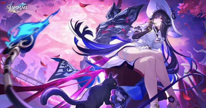 Personaje femenino de Honkai Star Rail con vestido blanco y sombrero, acompañada de un gato negro.