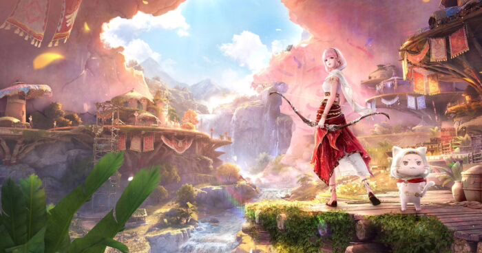 Personaje de Infinity Nikki con arco en una región fantástica con un gato