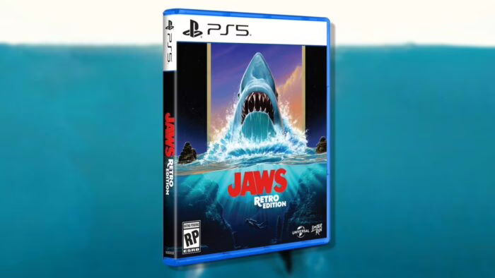 Caja del juego Jaws Retro Edition para PS5 con imagen de tiburón