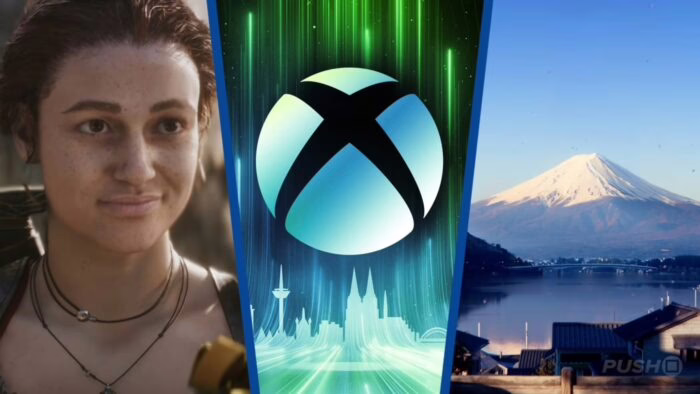 Collage de personaje de videojuego, logo de Xbox y paisaje montañoso