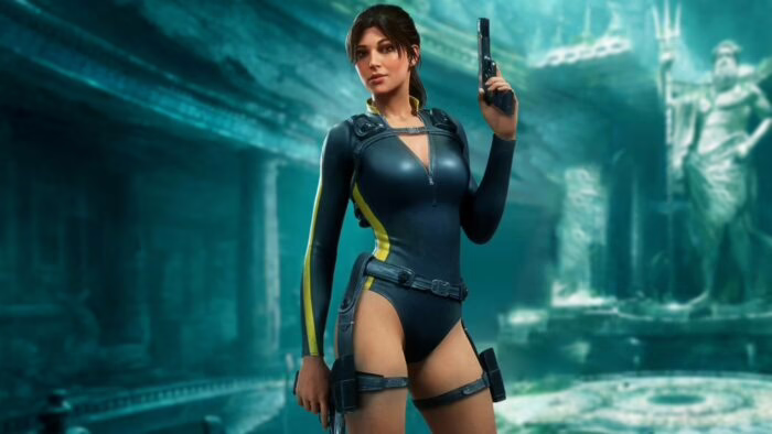 Lara Croft en traje azul con pistola en un templo antiguo